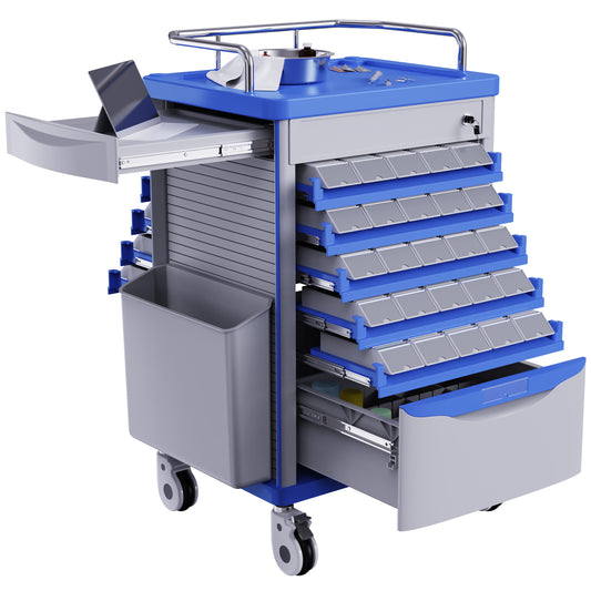 OLERN Medication Bins Cart with 200 Bins, 5 Medicine Tray and Drawer with Hidden Sub Laptop Workbench
