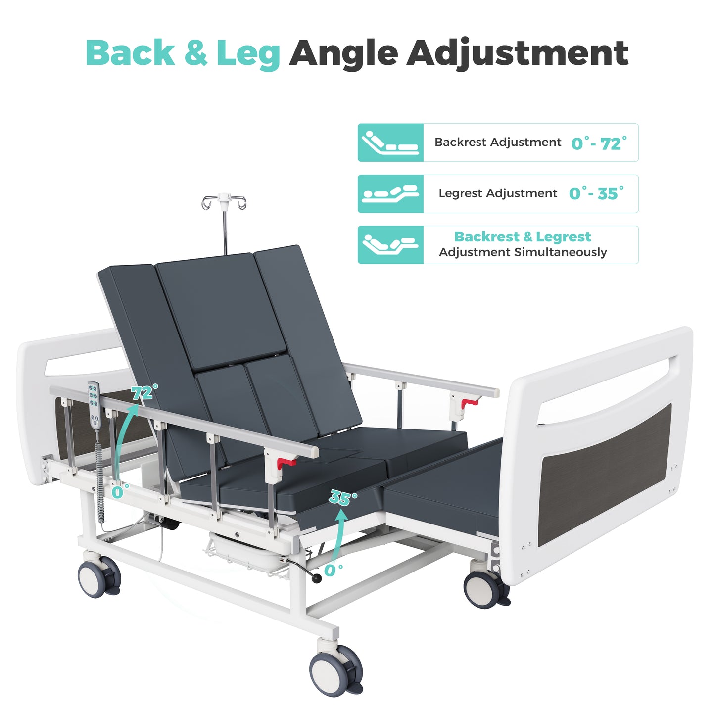 OLERN Full Electric Hospital Bed for Home Use, 5" Locking Casters, Waterproof Foam Mattress, Bedpan, Hair-Washing Device, IV Pole, 550lbs Capacity