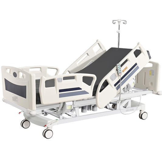 Premium 5 Function Full Electric ICU Hospital Bed with 4.7" Mattress for Home Use-17.7" - 29.5" Height Range-CPR One-Click Recovery-5" Casters, 550LBS Loading, Adjustable Medical Bed Frame-Navy