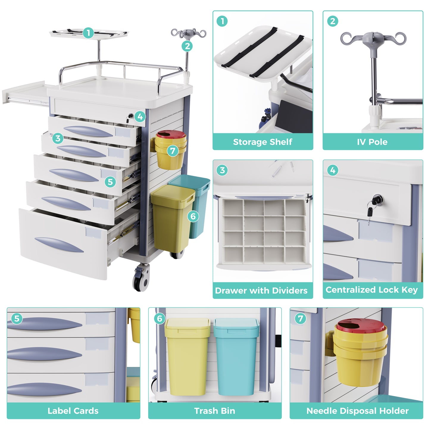 OLERN Medical Rolling Crash Cart with Drawers and File Box
