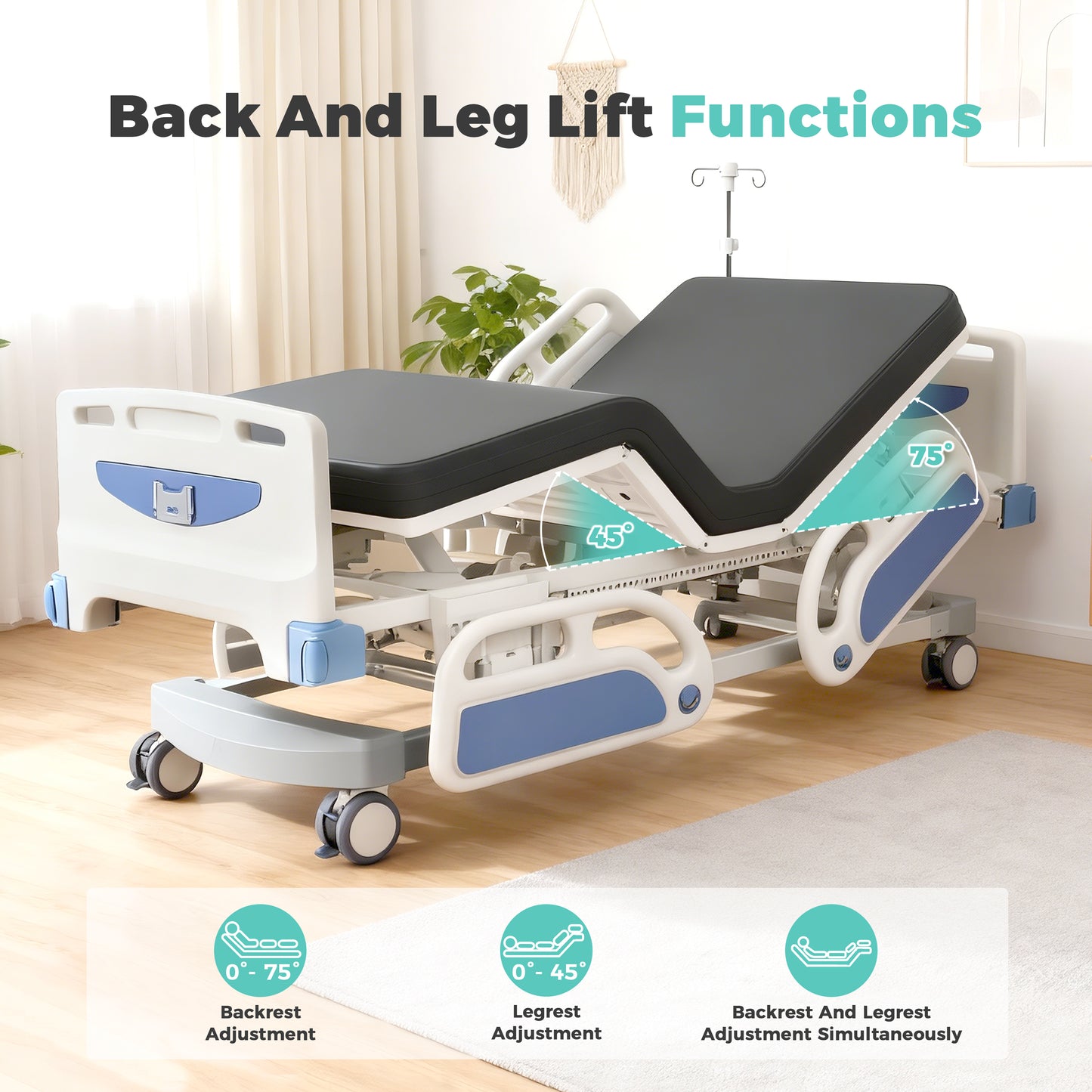 Full Electric 5 Function Hospital Bed for Home Use,Germany Motor ICU Electric Medical Bed with 4.7" Waterproof Mattress,5" Large Central Lockable Casters,Remote Control,IV Pole,550LBS Loading