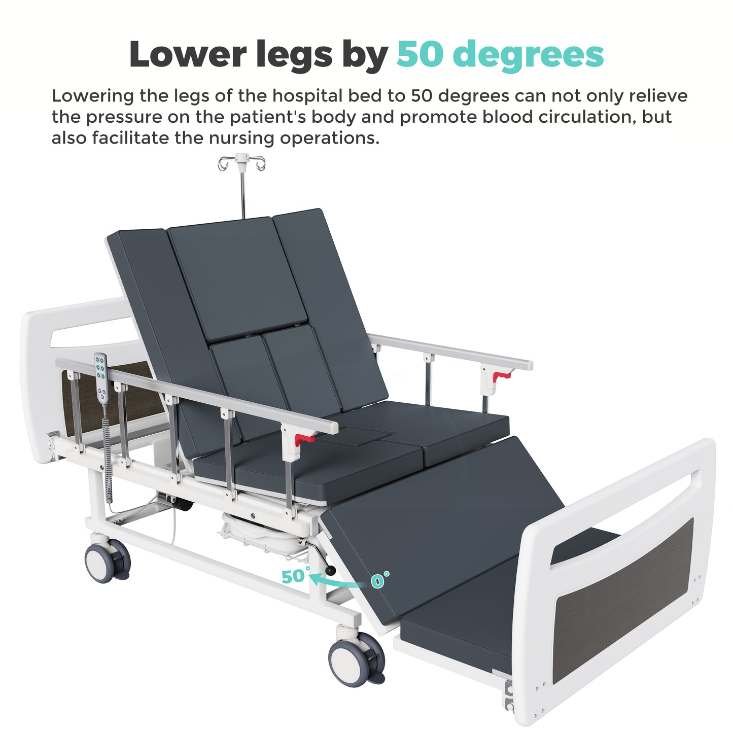 OLERN Full Electric Hospital Bed for Home Use, 5" Locking Casters, Waterproof Foam Mattress, Bedpan, Hair-Washing Device, IV Pole, 550lbs Capacity