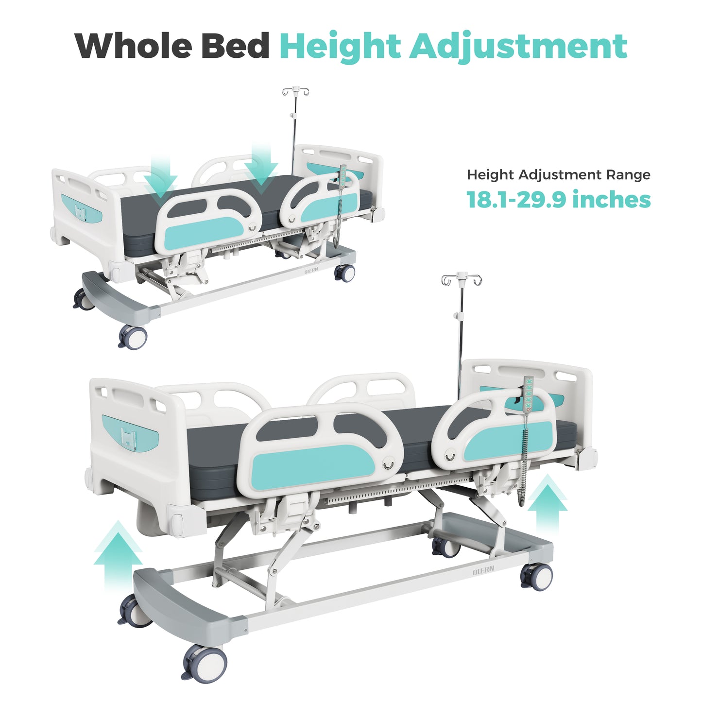 OLERN 5 Function Full Electric Hospital Bed for Home Use,Adjustable Height,4.7" Waterproof Mattress,5" Large Locking Casters,IV Pole,550lbs Loading