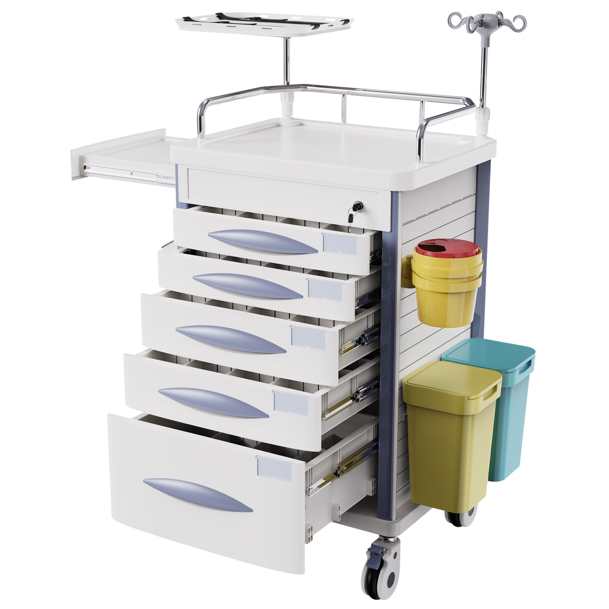 Rolling Emergency Medical Storage Crash Cart with Drawers -CPR Board, IV Pole, Silent Casters, Trash Bin, O2 Holder, Drawer with Dividers, File Box, Nursing Cart for Clinic, Hospital, Salon