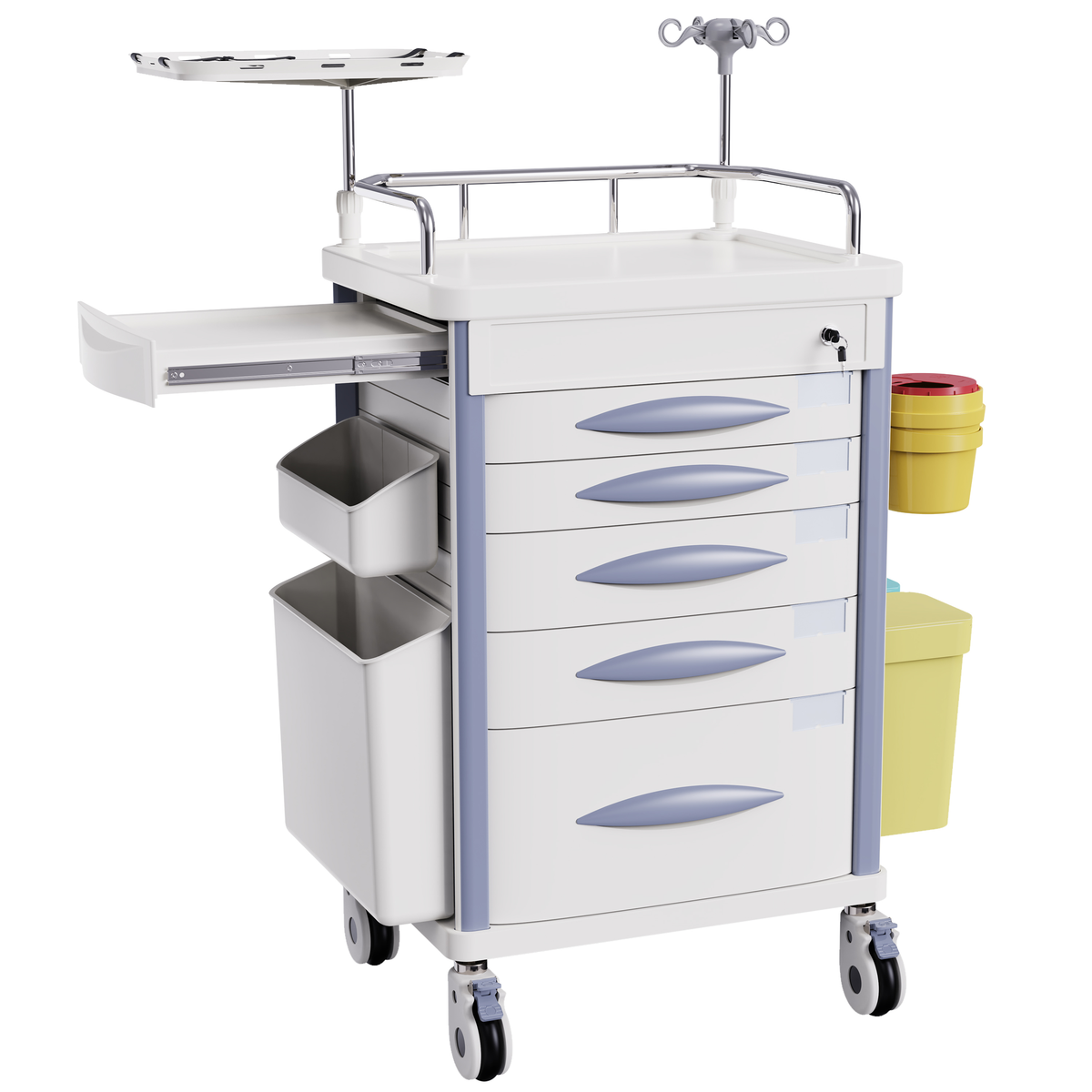 Rolling Emergency Medical Storage Crash Cart with Drawers -CPR Board, IV Pole, Silent Casters, Trash Bin, O2 Holder, Drawer with Dividers, File Box, Nursing Cart for Clinic, Hospital, Salon
