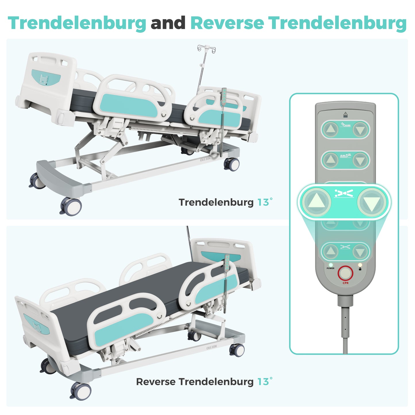OLERN 5 Function Full Electric Hospital Bed for Home Use,Adjustable Height,4.7" Waterproof Mattress,5" Large Locking Casters,IV Pole,550lbs Loading