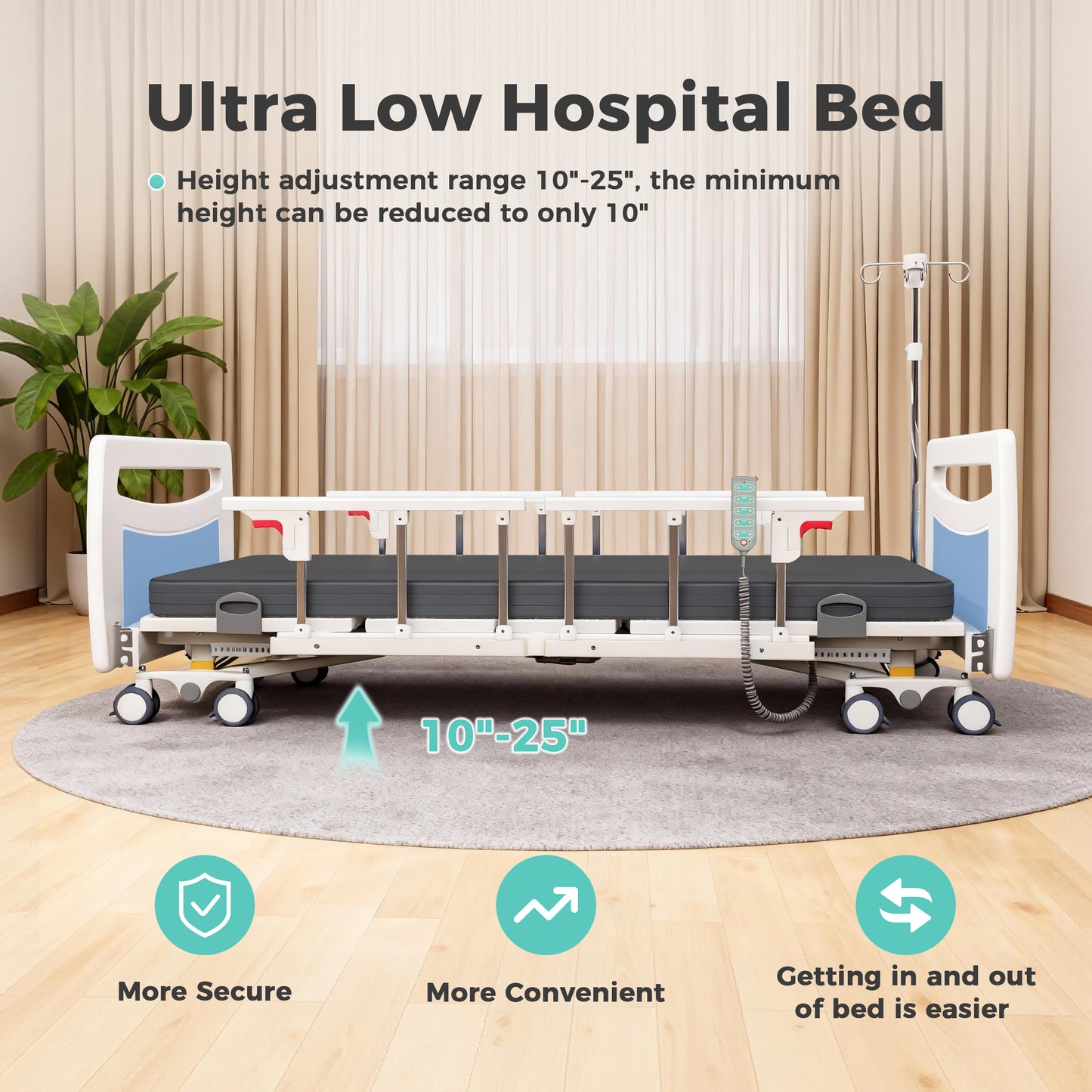 Premium Ultra Low 5 Functions Full Electric Hospital Bed,Adjustable Height ICU Medical Bed for Home Use with Advanced Germany Motor,Waterproof Mattress,Locking Casters,IV Pole,550LBS Loading