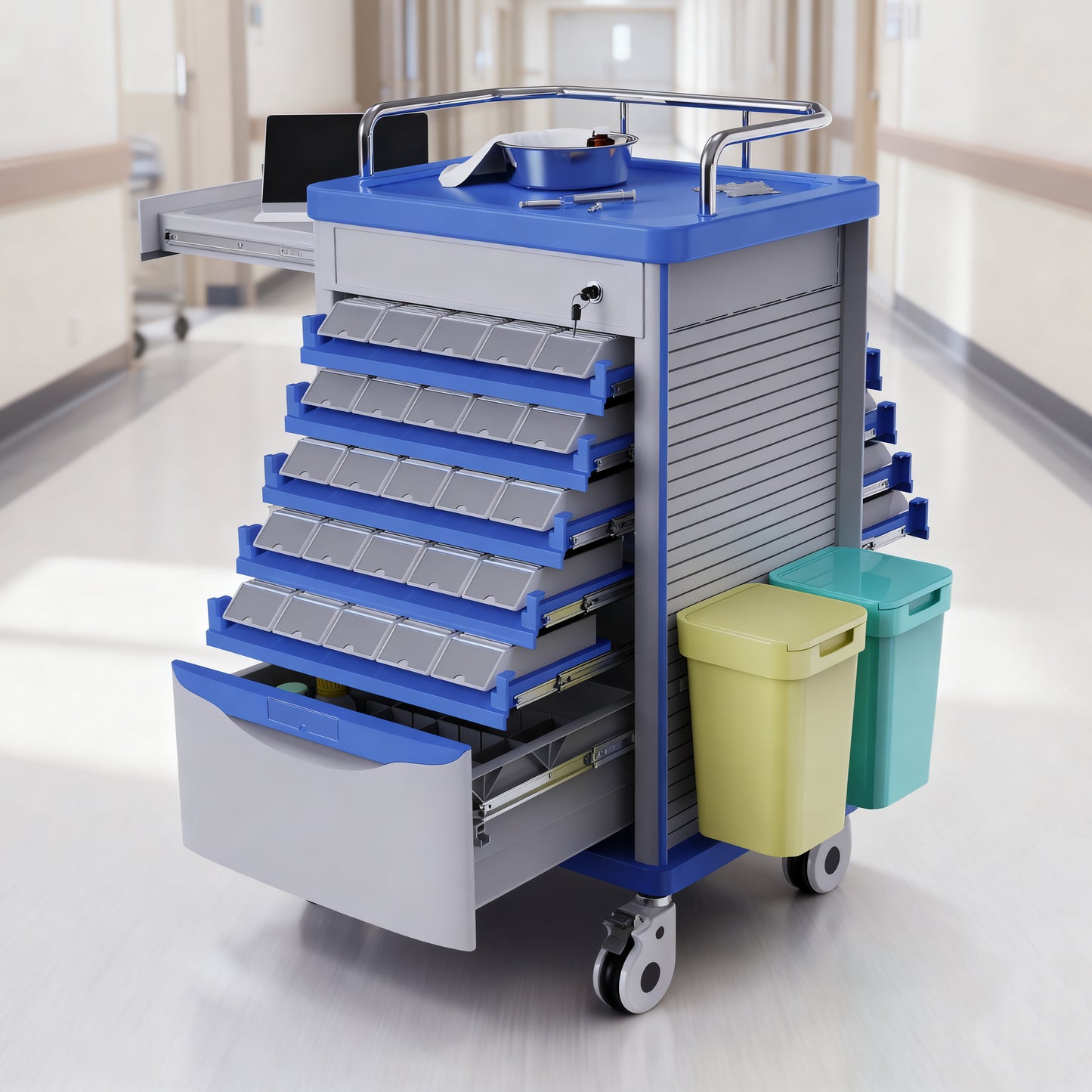 OLERN Medication Bins Cart with 200 Bins, 5 Medicine Tray and Drawer with Hidden Sub Laptop Workbench