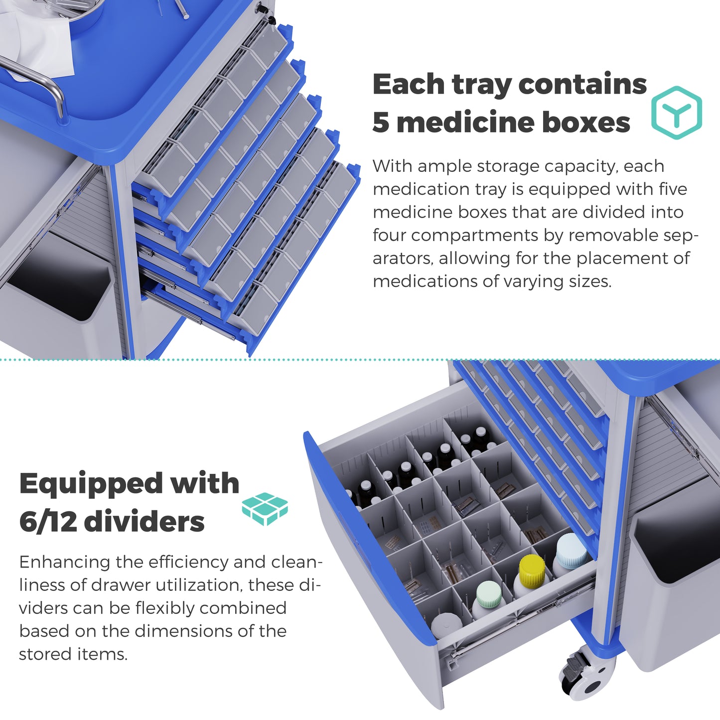 OLERN Medication Bins Cart with 200 Bins, 5 Medicine Tray and Drawer with Hidden Sub Laptop Workbench