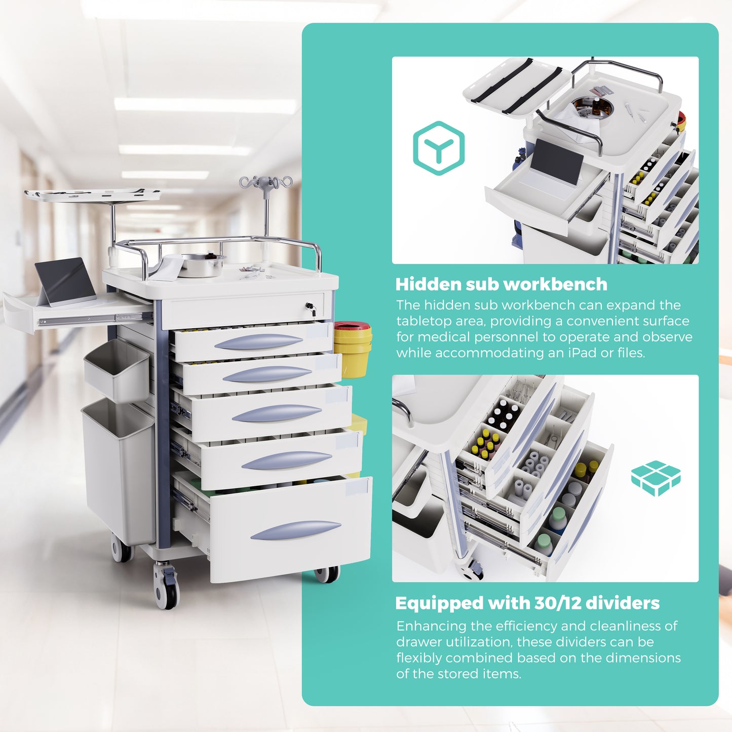 OLERN Medical Rolling Crash Cart with Drawers and File Box