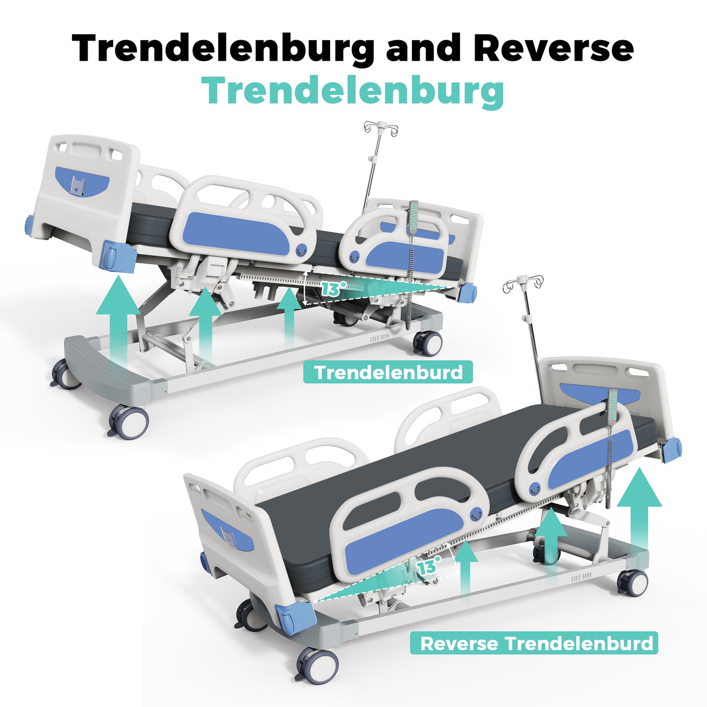 Full Electric 5 Function Hospital Bed for Home Use,Germany Motor ICU Electric Medical Bed with 4.7" Waterproof Mattress,5" Large Central Lockable Casters,Remote Control,IV Pole,550LBS Loading