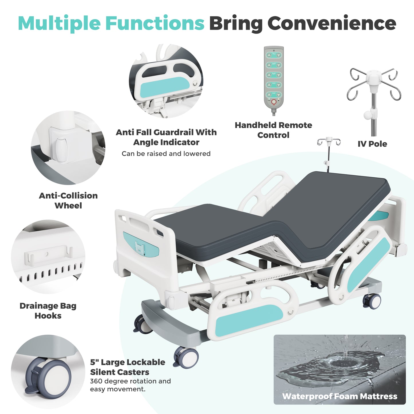 OLERN 5 Function Full Electric Hospital Bed for Home Use,Adjustable Height,4.7" Waterproof Mattress,5" Large Locking Casters,IV Pole,550lbs Loading