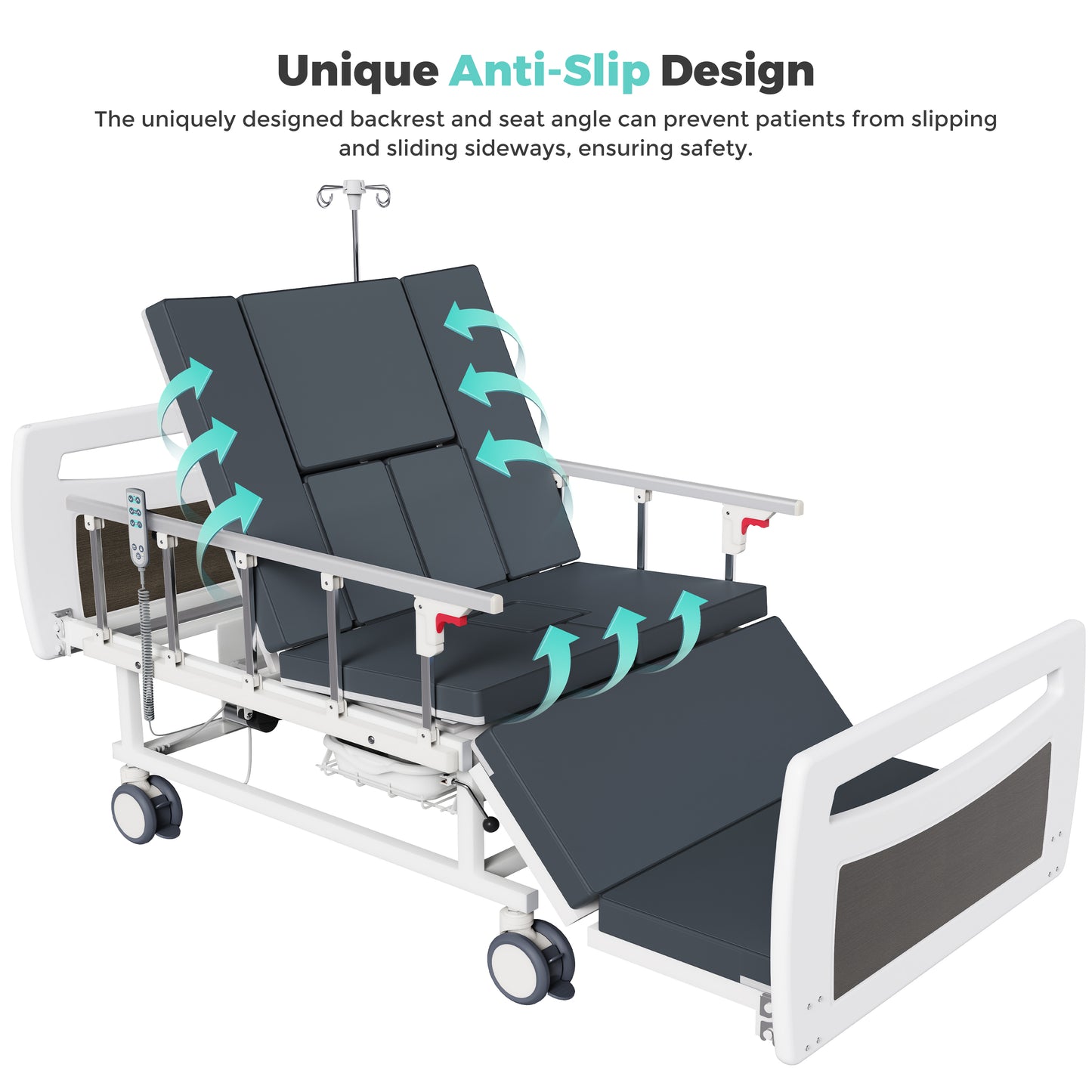 OLERN Full Electric Hospital Bed for Home Use, 5" Locking Casters, Waterproof Foam Mattress, Bedpan, Hair-Washing Device, IV Pole, 550lbs Capacity