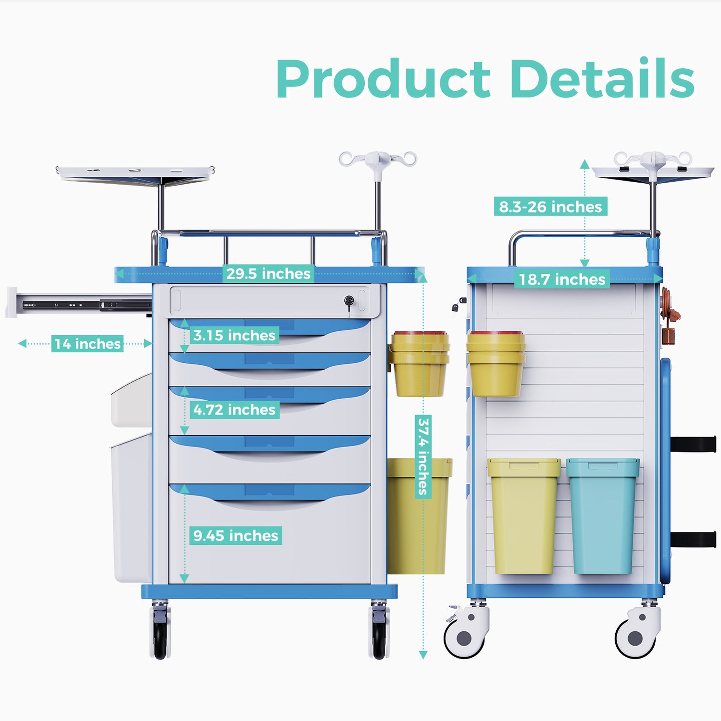 OLERN Medical Rolling Crash Cart with Drawers Emergency Cart