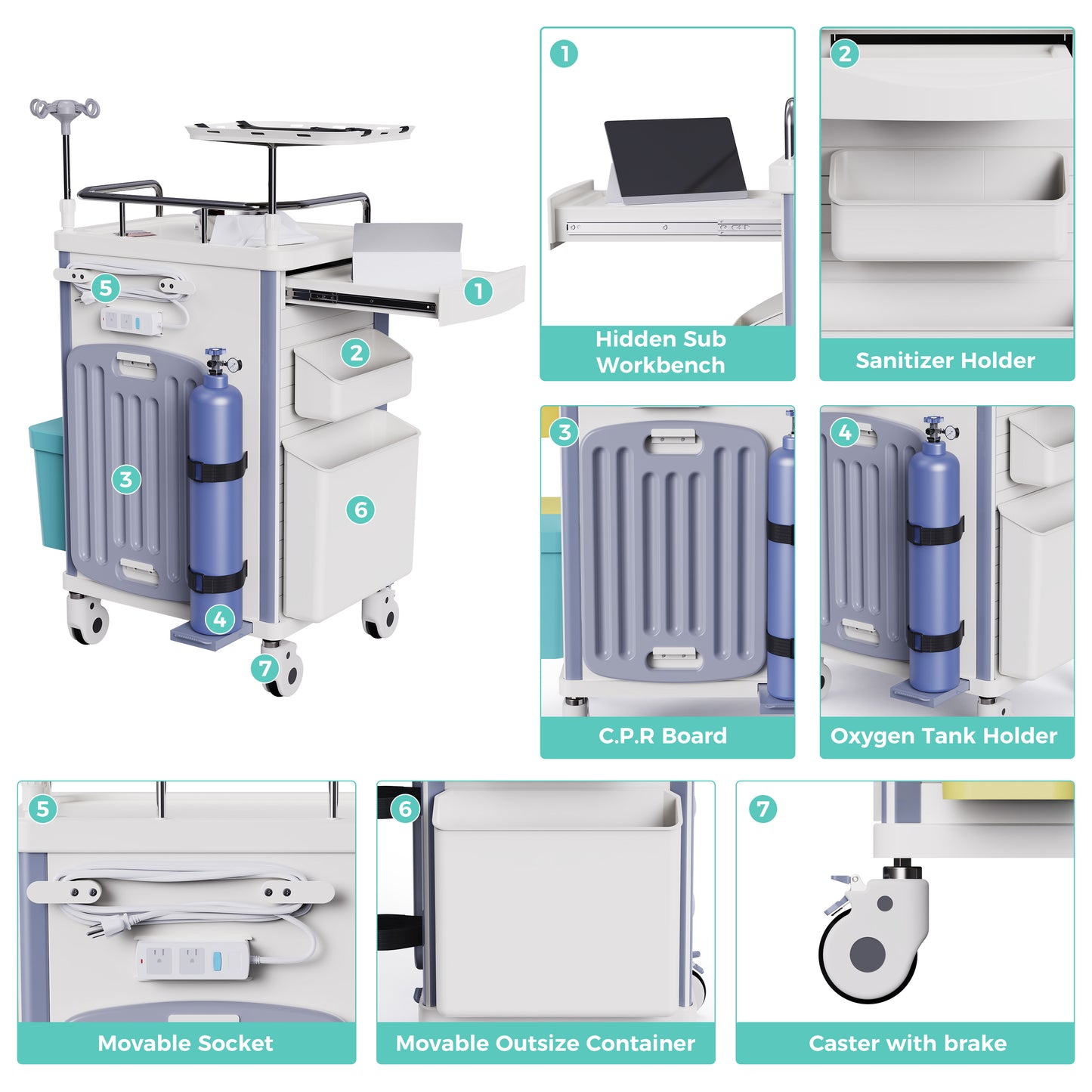 OLERN Medical Rolling Crash Cart with Drawers and File Box