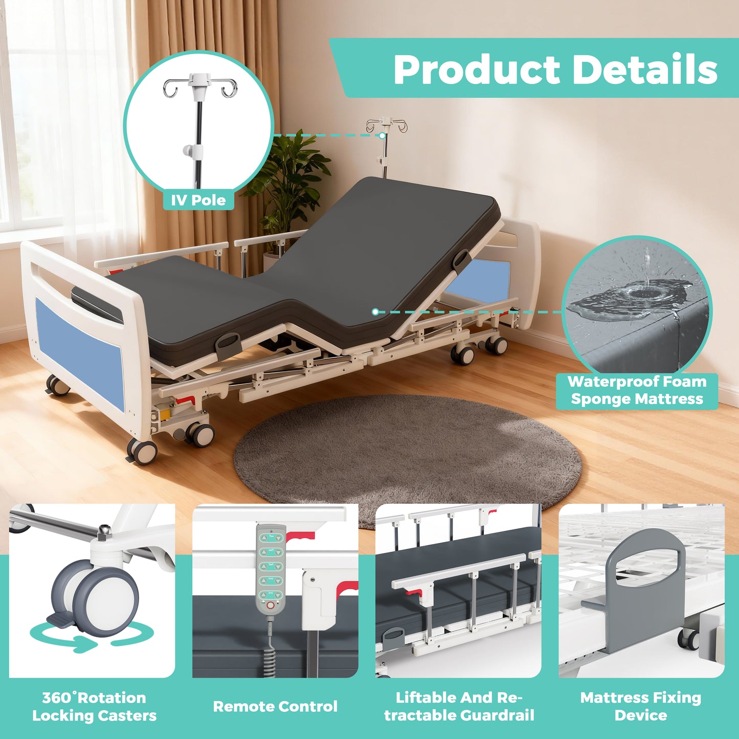 Premium Ultra Low 5 Functions Full Electric Hospital Bed,Adjustable Height ICU Medical Bed for Home Use with Advanced Germany Motor,Waterproof Mattress,Locking Casters,IV Pole,550LBS Loading