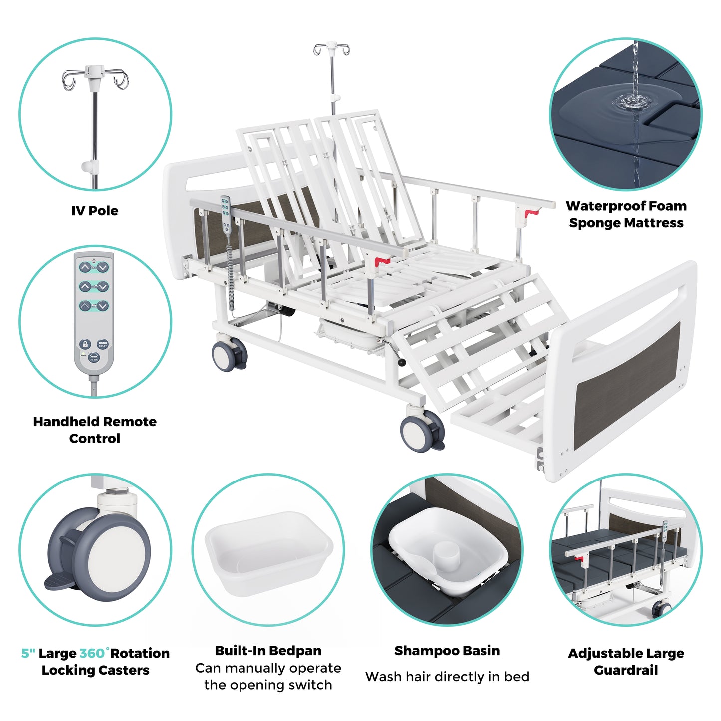 OLERN Full Electric Hospital Bed for Home Use, 5" Locking Casters, Waterproof Foam Mattress, Bedpan, Hair-Washing Device, IV Pole, 550lbs Capacity