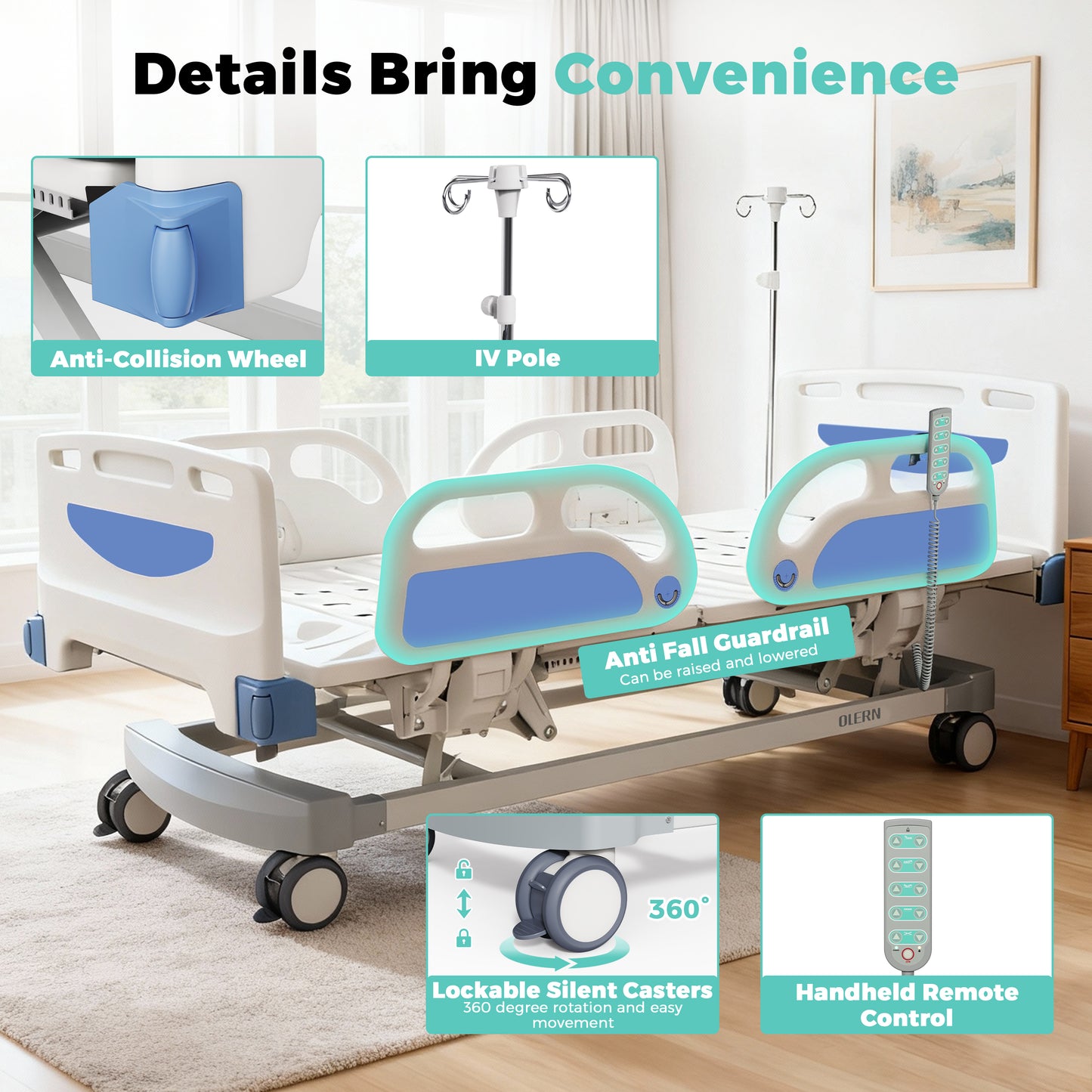 Full Electric 5 Function Hospital Bed for Home Use,Germany Motor ICU Electric Medical Bed with 4.7" Waterproof Mattress,5" Large Central Lockable Casters,Remote Control,IV Pole,550LBS Loading