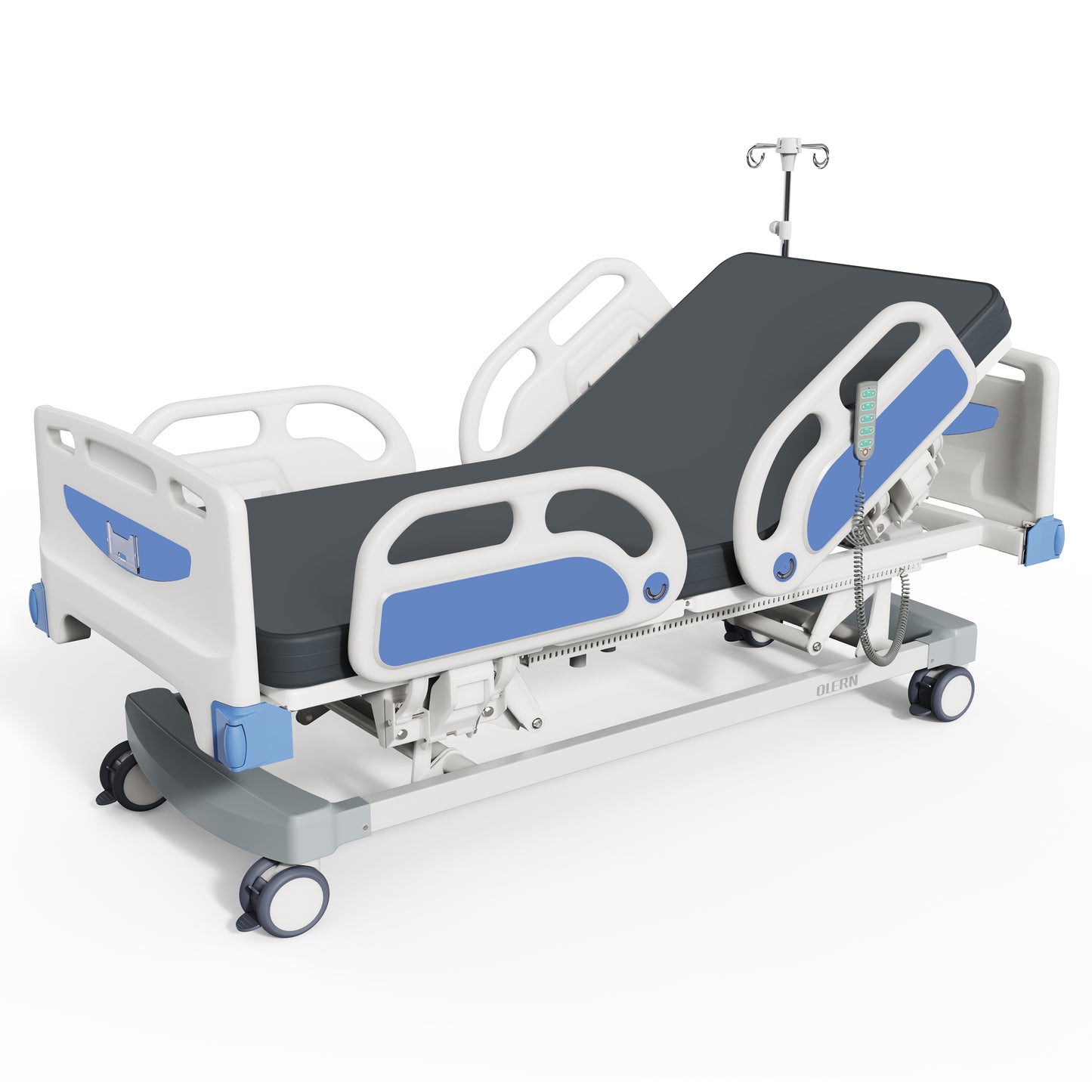 Full Electric 5 Function Hospital Bed for Home Use,Germany Motor ICU Electric Medical Bed with 4.7" Waterproof Mattress,5" Large Central Lockable Casters,Remote Control,IV Pole,550LBS Loading
