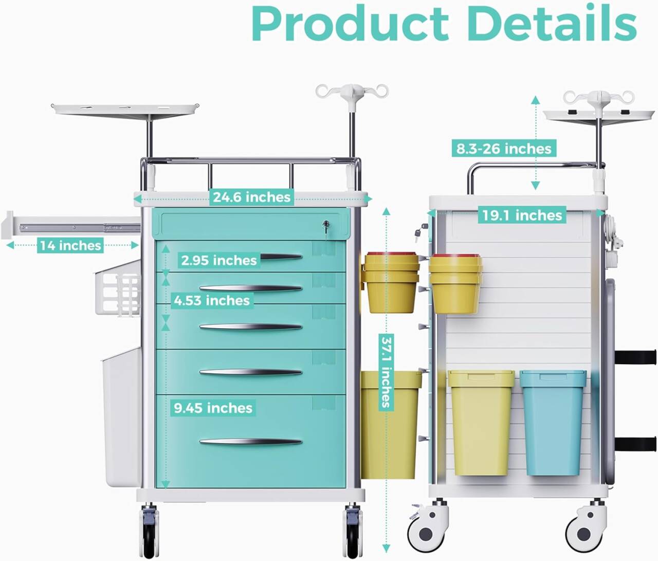 OLERN Rolling Medical Crash Cart with Drawers All-in-one