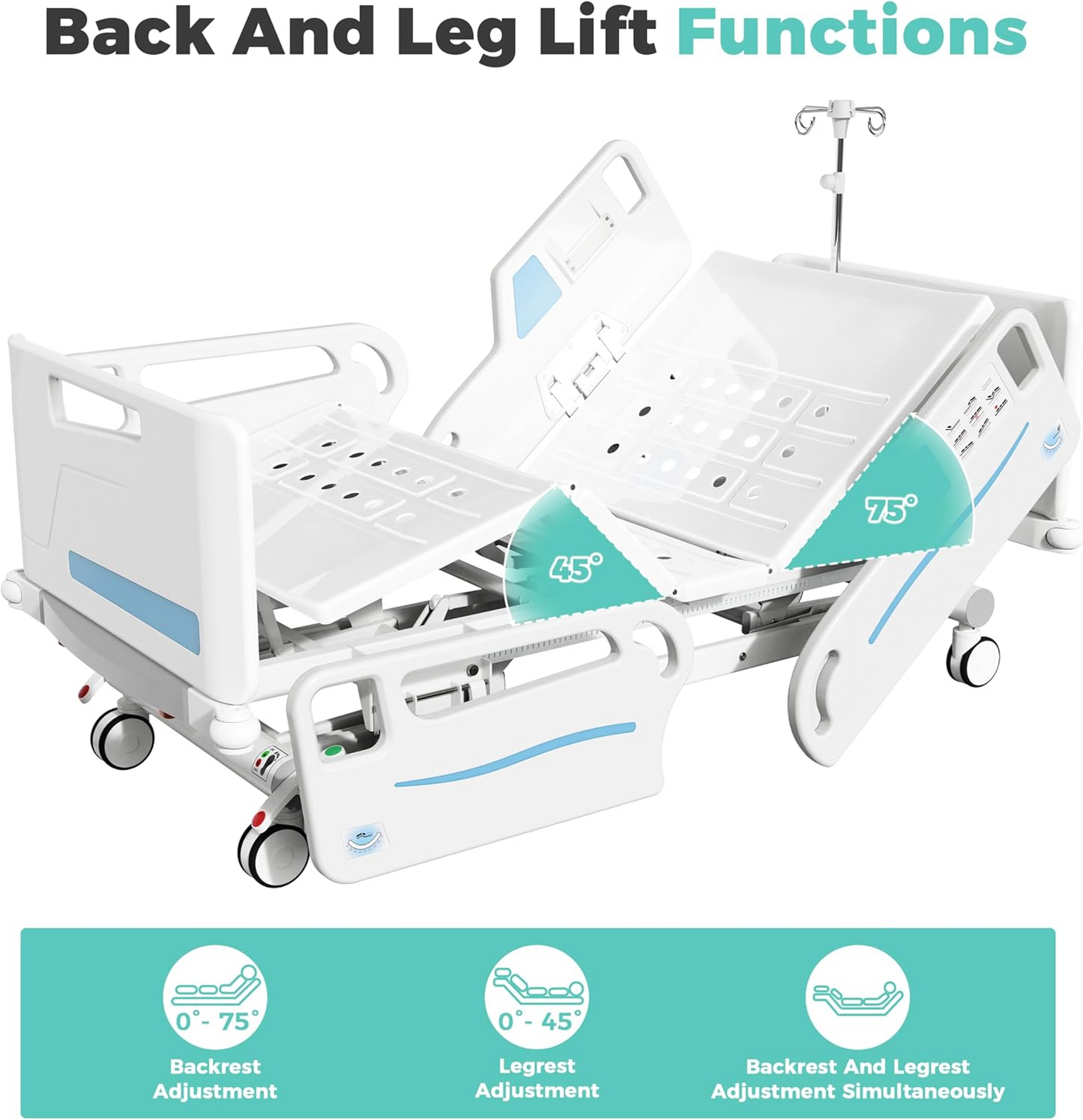 OLERN 5 Function ICU Hospital Bed with Wing-Type Side Rails & Waterproof Mattress