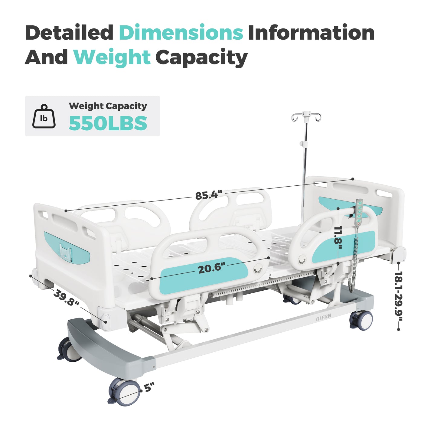 OLERN 5 Function Full Electric Hospital Bed for Home Use,Adjustable Height,4.7" Waterproof Mattress,5" Large Locking Casters,IV Pole,550lbs Loading
