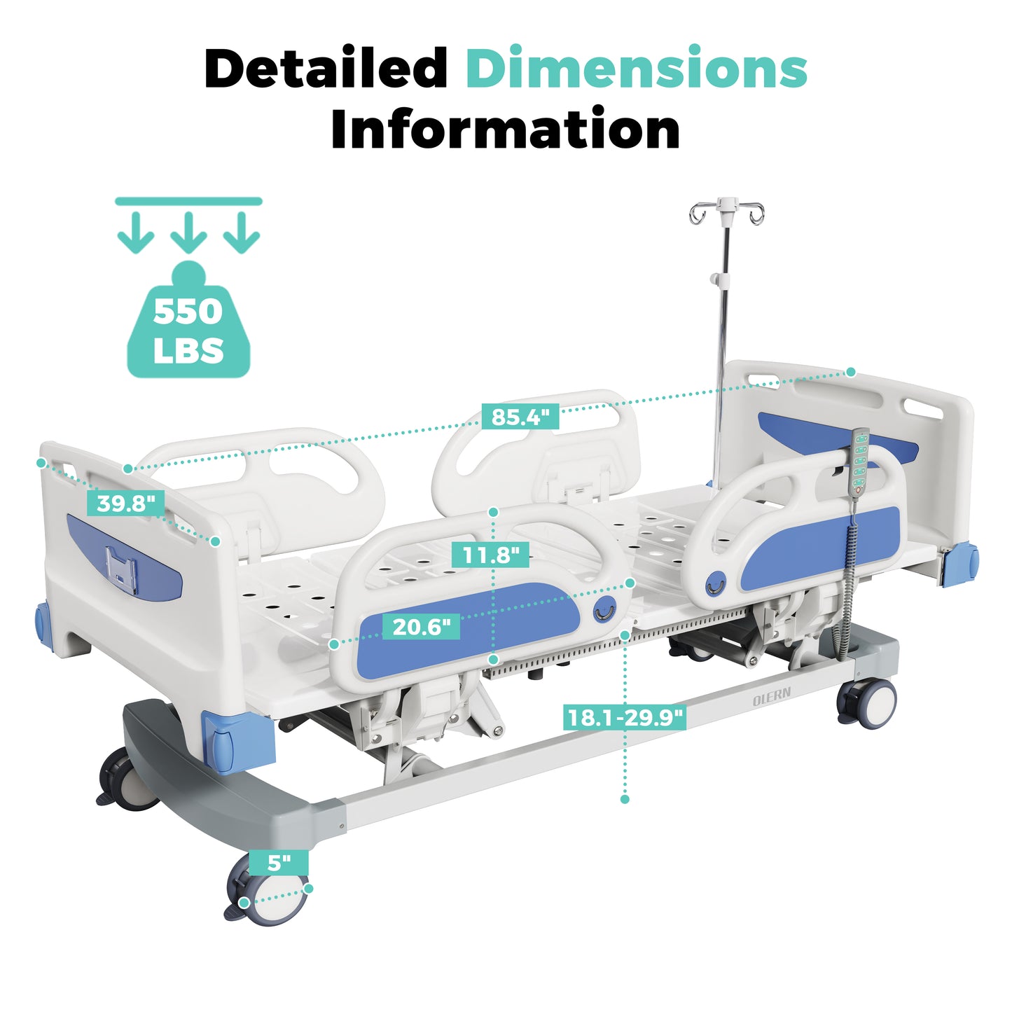 Full Electric 5 Function Hospital Bed for Home Use,Germany Motor ICU Electric Medical Bed with 4.7" Waterproof Mattress,5" Large Central Lockable Casters,Remote Control,IV Pole,550LBS Loading