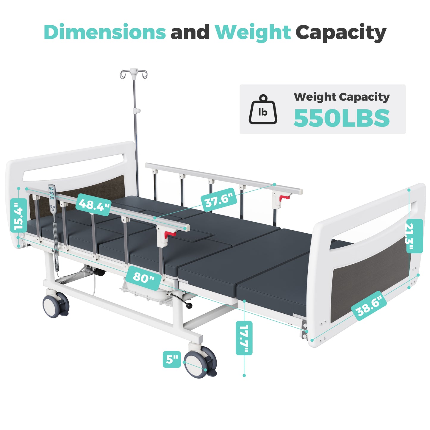 OLERN Full Electric Hospital Bed for Home Use, 5" Locking Casters, Waterproof Foam Mattress, Bedpan, Hair-Washing Device, IV Pole, 550lbs Capacity