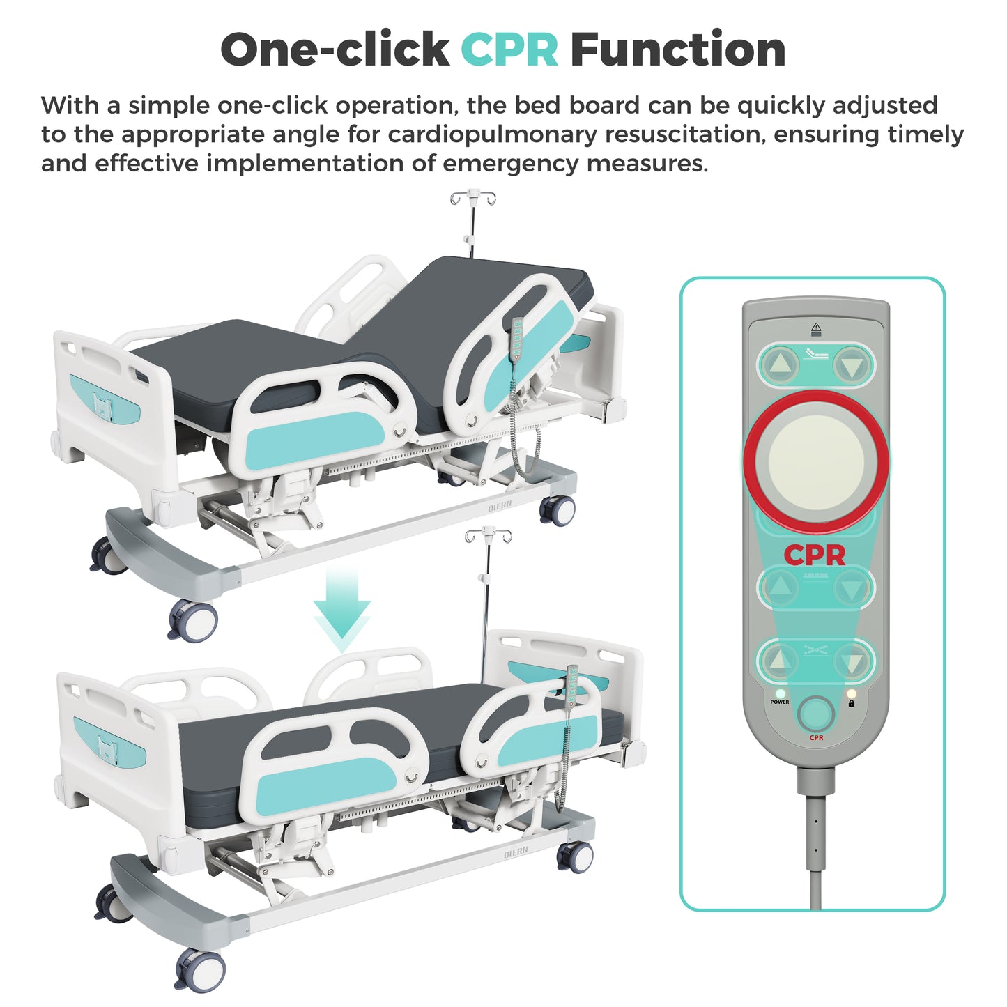 OLERN 5 Function Full Electric Hospital Bed for Home Use,Adjustable Height,4.7" Waterproof Mattress,5" Large Locking Casters,IV Pole,550lbs Loading