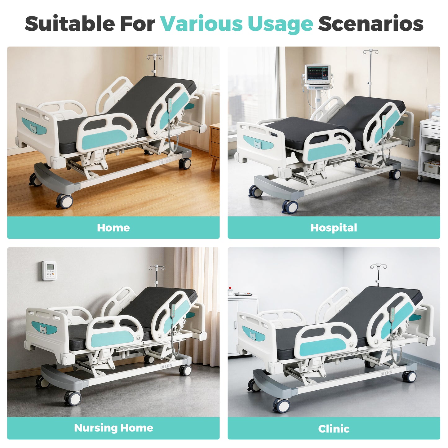 OLERN 5 Function Full Electric Hospital Bed for Home Use,Adjustable Height,4.7" Waterproof Mattress,5" Large Locking Casters,IV Pole,550lbs Loading
