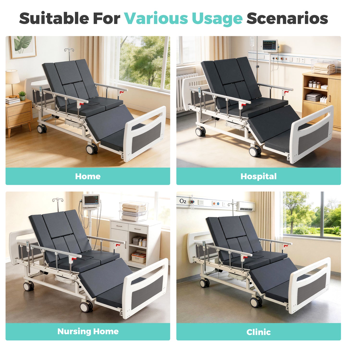 OLERN Full Electric Hospital Bed for Home Use, 5" Locking Casters, Waterproof Foam Mattress, Bedpan, Hair-Washing Device, IV Pole, 550lbs Capacity