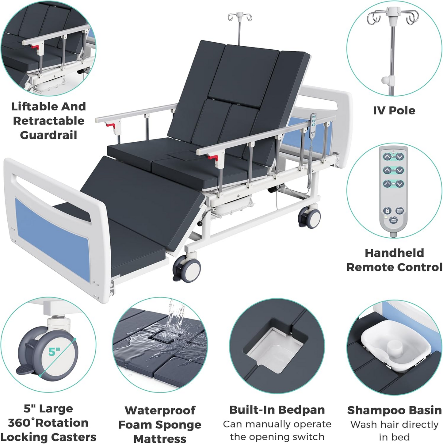 Advanced Full Electric Hospital Bed for Home Use,Adjustable Nursing Bed with Remote Control,5" Large Locking Casters,Waterproof Foam Mattress,IV Pole,Bedpan,Hair-Washing Device,550 LBS Loading