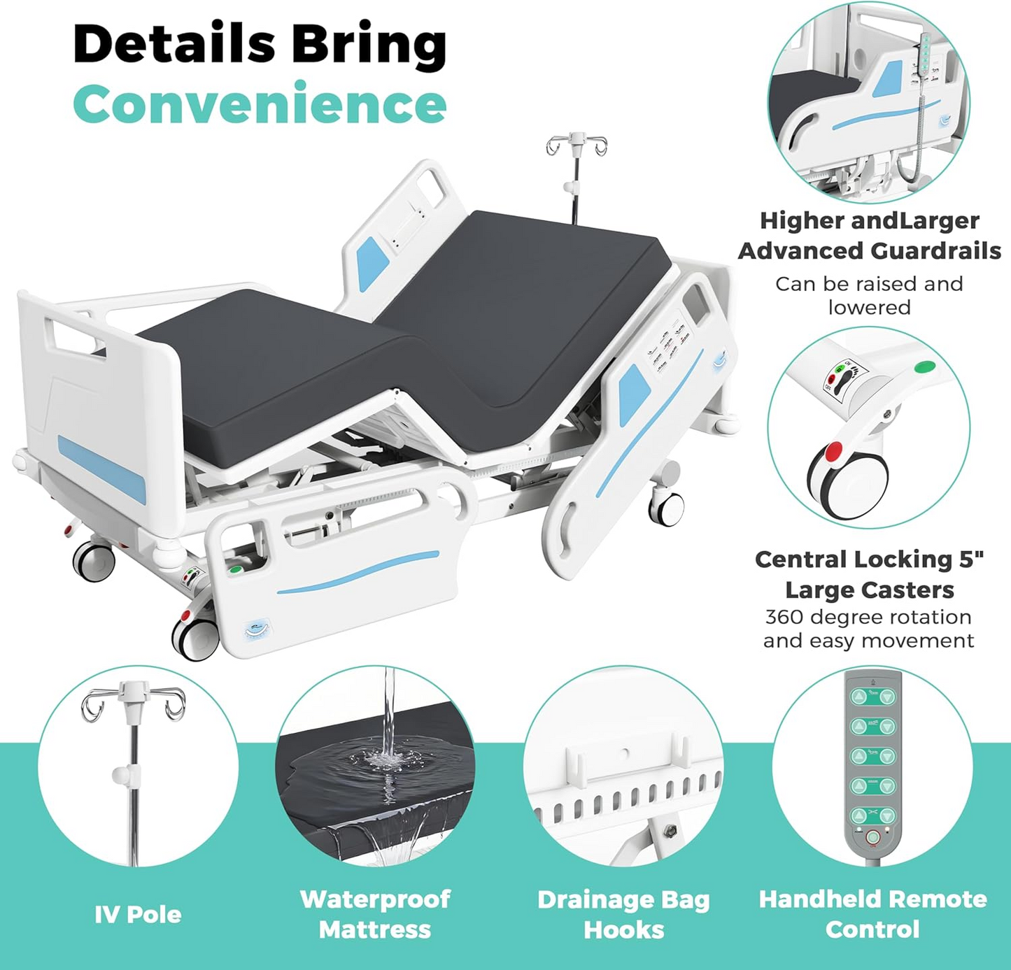 OLERN 5 Function ICU Hospital Bed with Wing-Type Side Rails & Waterproof Mattress