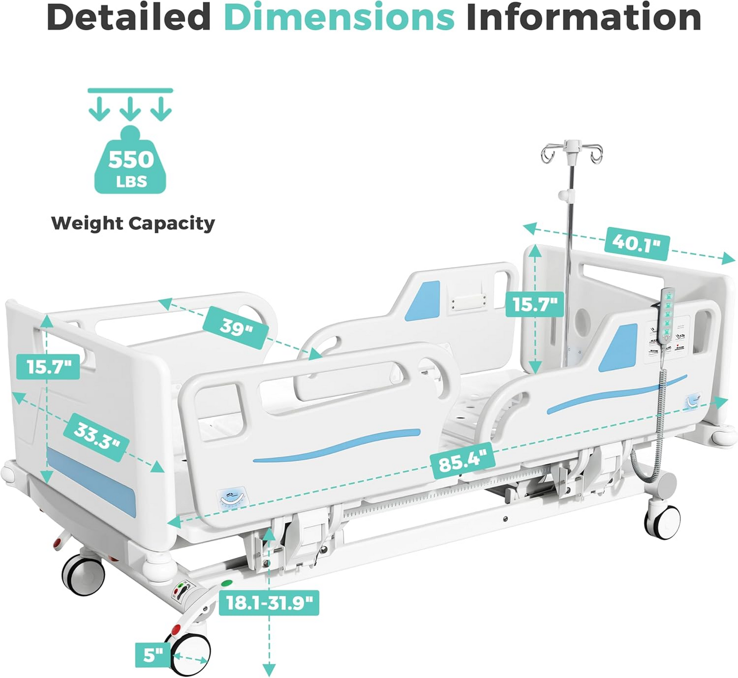 OLERN 5 Function ICU Hospital Bed with Wing-Type Side Rails & Waterproof Mattress
