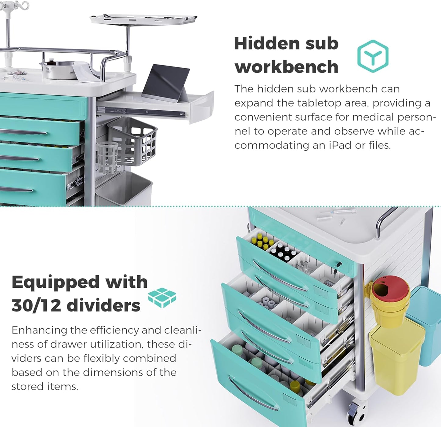 OLERN Rolling Medical Crash Cart with Drawers All-in-one