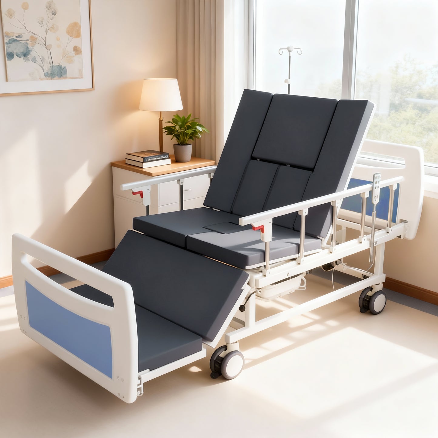 Advanced Full Electric Hospital Bed for Home Use,Adjustable Nursing Bed with Remote Control,5" Large Locking Casters,Waterproof Foam Mattress,IV Pole,Bedpan,Hair-Washing Device,550 LBS Loading