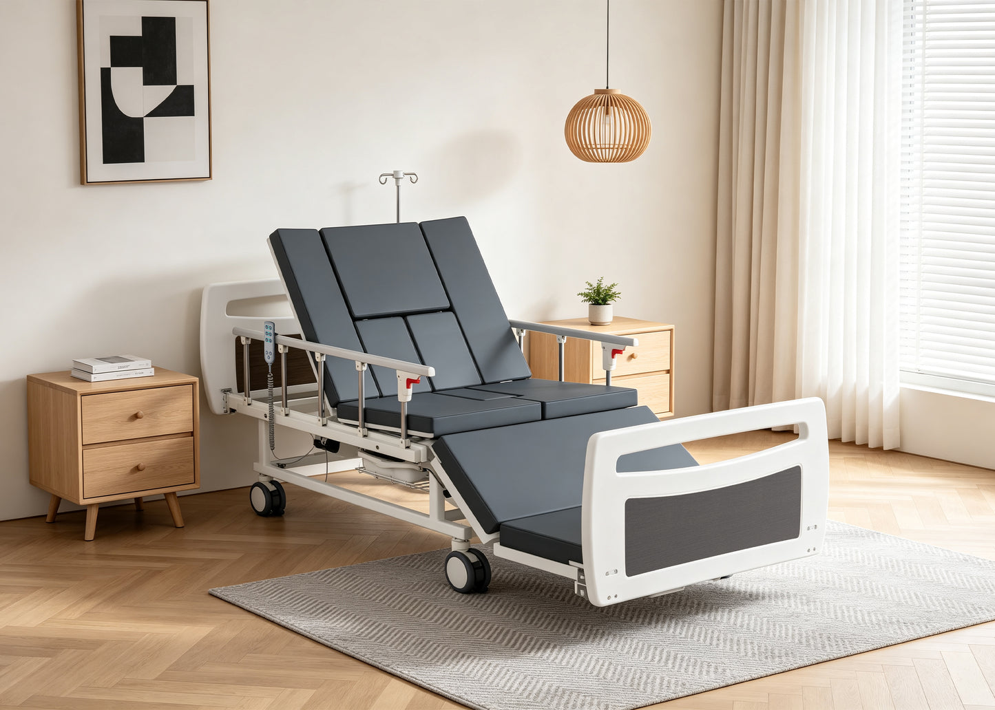 OLERN Full Electric Hospital Bed for Home Use, 5" Locking Casters, Waterproof Foam Mattress, Bedpan, Hair-Washing Device, IV Pole, 550lbs Capacity