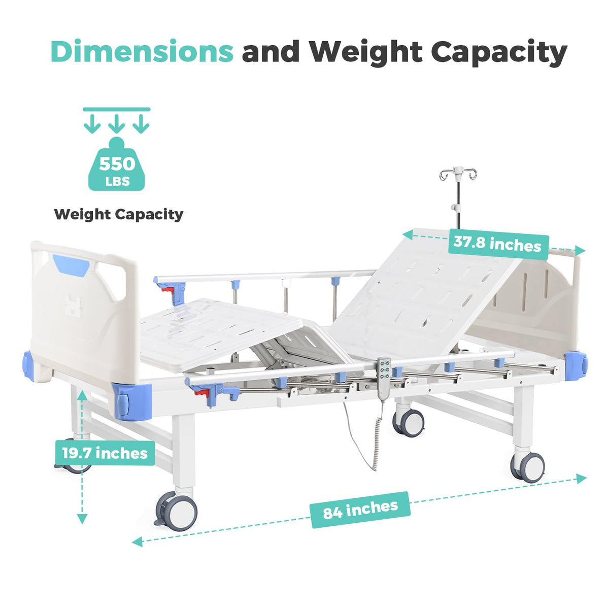 Full Electric Hospital Bed with Memory Mattress for Home Use-Back&Leg Adjustable-IV Pole Included-5" Casters, 550LBS Loading, Adjustable Medical Bed Frame