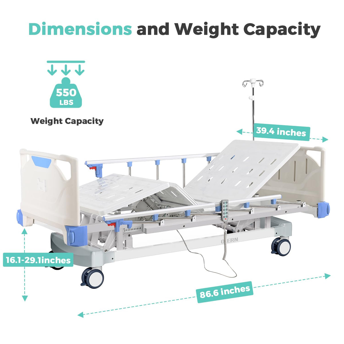 Premium 3 Function Full Electric Hospital Bed with 4.7" Memory Mattress for Home Use-16.1"-29.1" Height Range, Central Control System-5" Casters, 550LBS Loading, Adjustable Medical Bed Frame