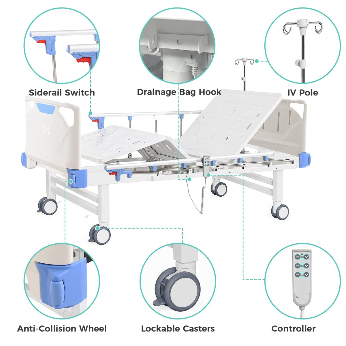 Full Electric Hospital Bed with Memory Mattress for Home Use-Back&Leg Adjustable-IV Pole Included-5" Casters, 550LBS Loading, Adjustable Medical Bed Frame
