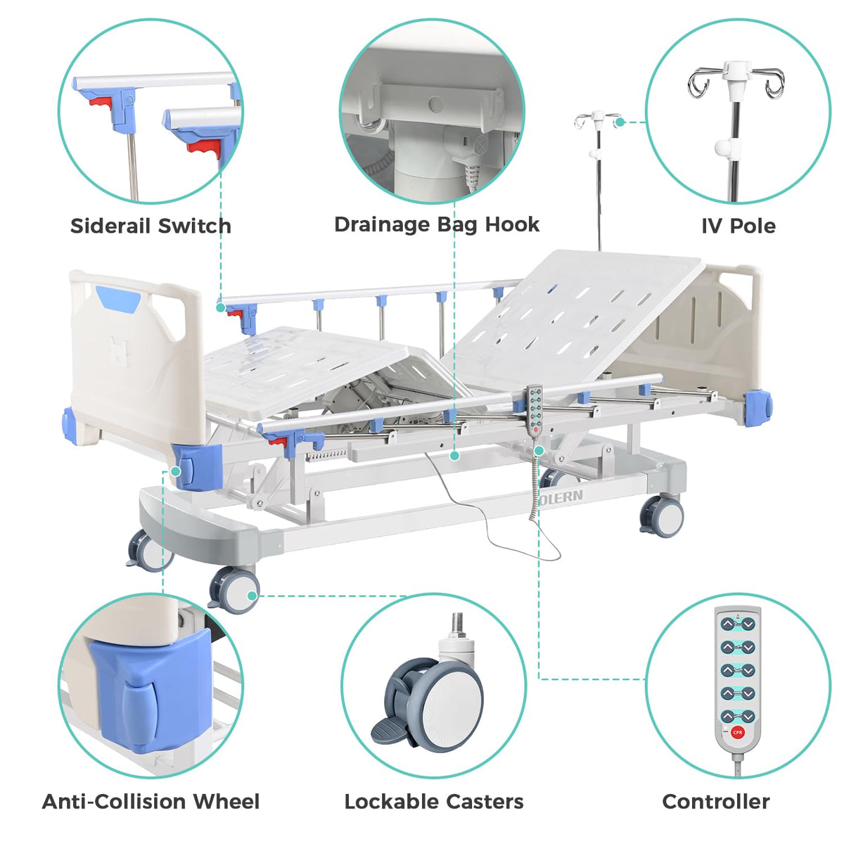 Premium 3 Function Full Electric Hospital Bed with 4.7" Memory Mattress for Home Use-16.1"-29.1" Height Range, Central Control System-5" Casters, 550LBS Loading, Adjustable Medical Bed Frame
